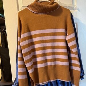 Tahari Brown and Pink Striped Turtleneck Sweater